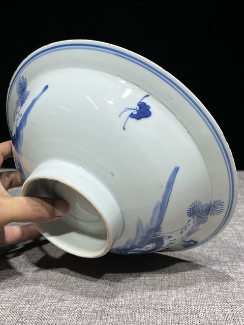 古玩陶瓷三星高照圖青花折沿碗真品鑒賞圖