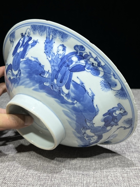 古玩陶瓷三星高照圖青花折沿碗真品鑒賞圖
