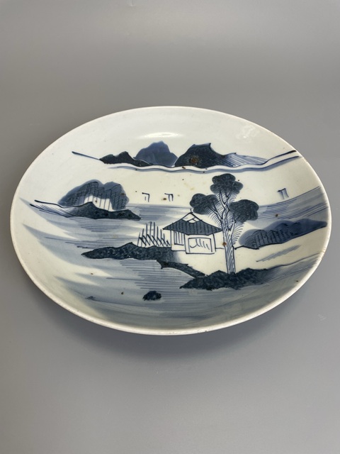 古玩陶瓷清早期 青花山水風景紋大盤拍賣,當前價格450元