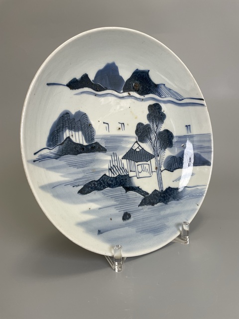 古玩陶瓷清早期 青花山水風景紋大盤拍賣,當前價格450元