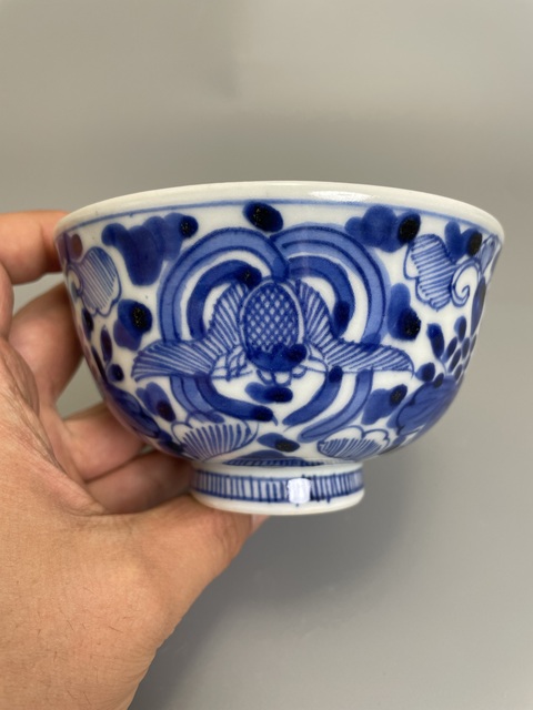 古玩陶瓷清早期 青花福在眼前花卉紋茶碗拍賣，當前價格230元