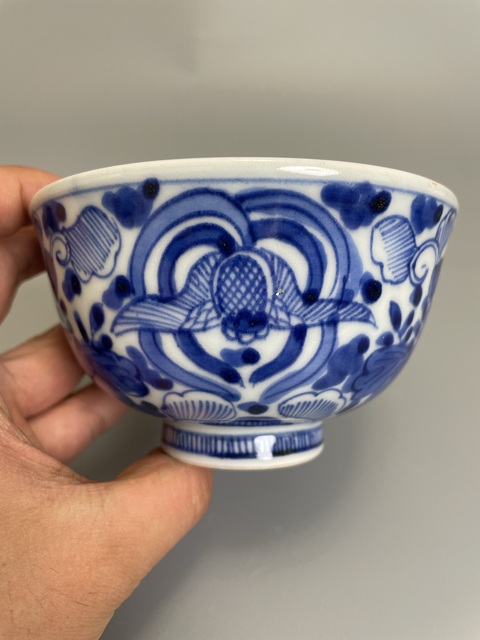 古玩陶瓷清早期 青花福在眼前花卉紋茶碗拍賣，當前價格230元