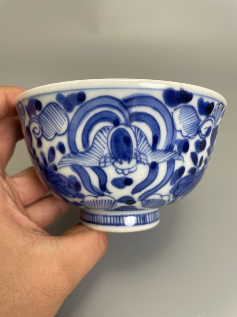 古玩陶瓷清早期 青花福在眼前花卉紋茶碗拍賣，當前價格230元