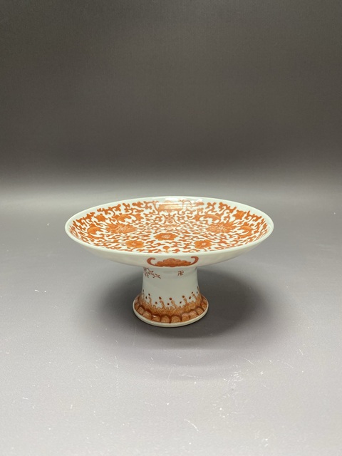 古玩陶瓷清晚期花間福壽紋礬紅高足盤拍賣,當前價格2860元