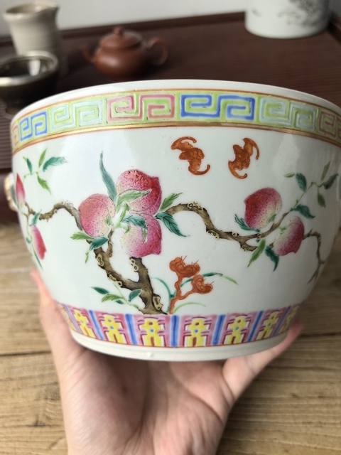 古玩陶瓷粉彩福壽紋粥罐真品鑒賞圖