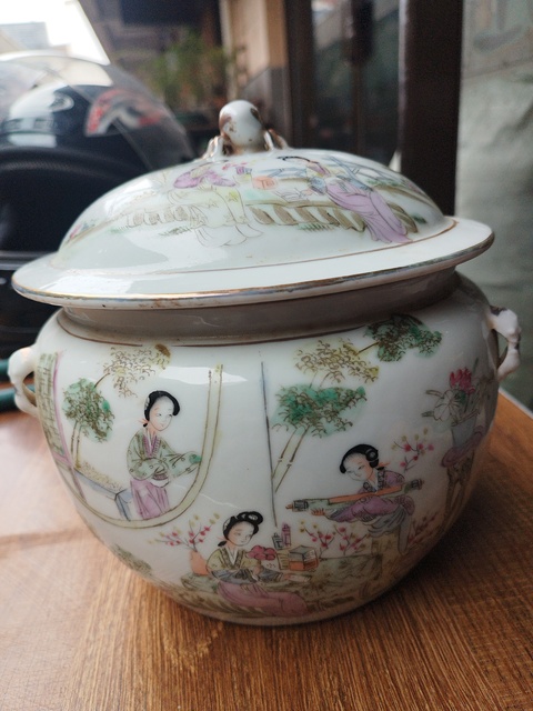 古玩陶瓷民國 粉彩桃花仕女紋粥罐真品鑒賞圖