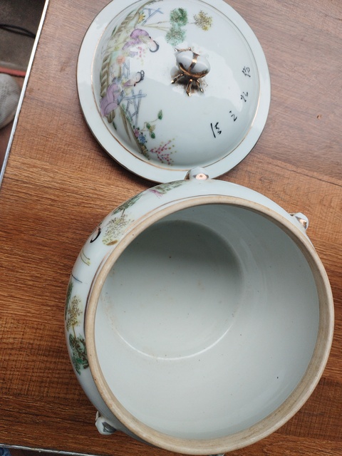 古玩陶瓷民國 粉彩桃花仕女紋粥罐真品鑒賞圖