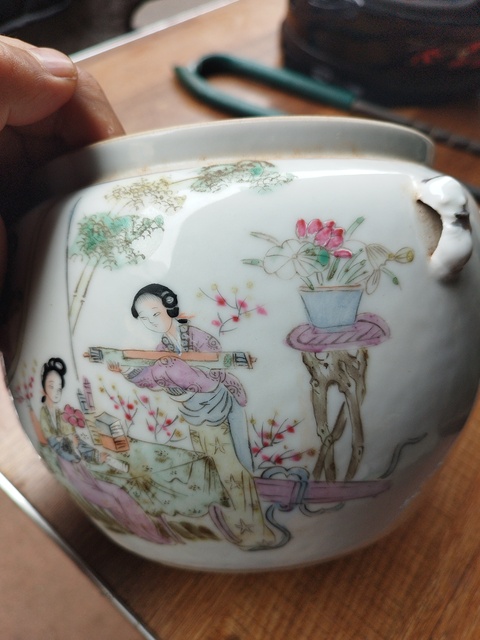 古玩陶瓷民國 粉彩桃花仕女紋粥罐真品鑒賞圖