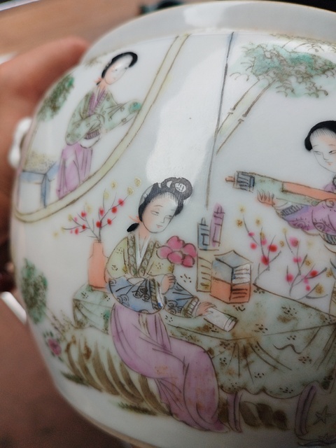 古玩陶瓷民國 粉彩桃花仕女紋粥罐真品鑒賞圖