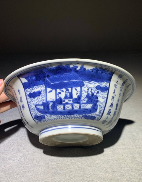 古玩陶瓷赤壁賦玉環底青花碗真品鑒賞圖