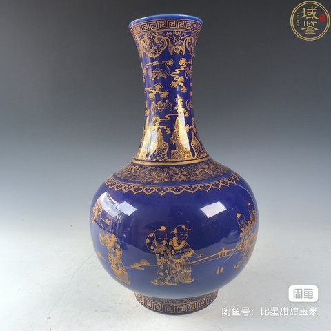 古玩陶瓷藍釉描金賞瓶真品鑒賞圖