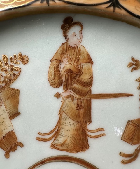 古玩陶瓷礬紅描金無雙譜人物盤真品鑒賞圖