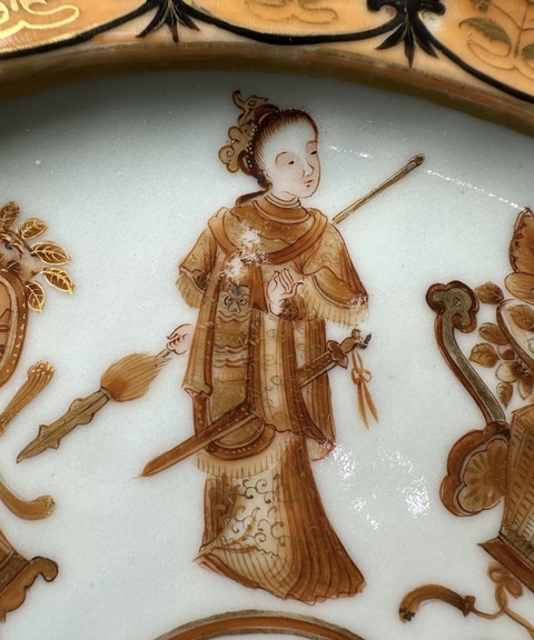 古玩陶瓷礬紅描金無雙譜人物盤真品鑒賞圖
