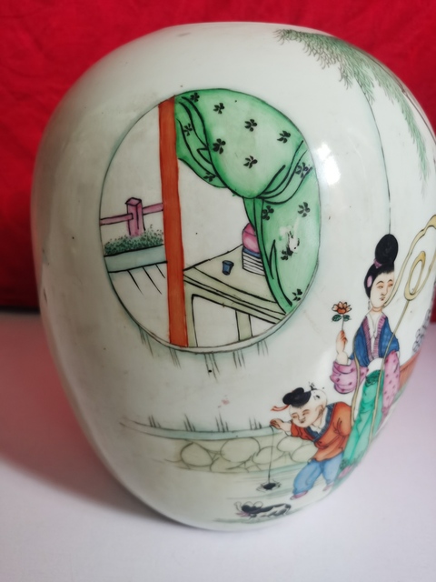 古玩陶瓷三娘教子圖新粉彩冬瓜罐真品鑒賞圖