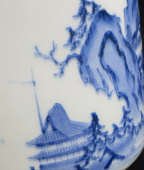 古玩陶瓷日本明治青花山水人物香爐真品鑒賞圖
