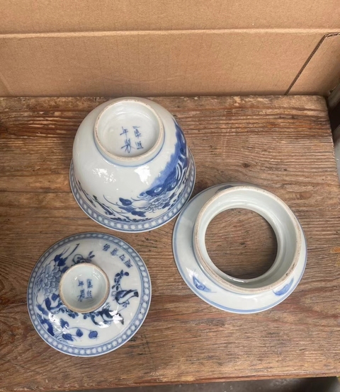 古玩陶瓷富貴白頭青花三才蓋碗真品鑒賞圖