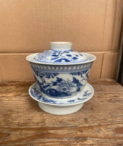 古玩陶瓷富貴白頭青花三才蓋碗真品鑒賞圖