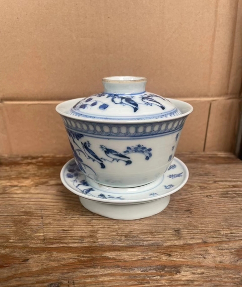 古玩陶瓷富貴白頭青花三才蓋碗真品鑒賞圖