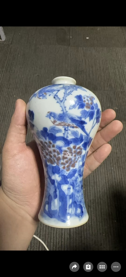 古玩陶瓷青花釉里紅花鳥紋梅瓶，模糊，偏老真品鑒賞圖