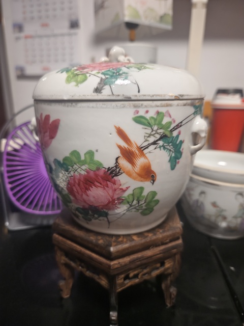 古玩陶瓷清末民初花鳥詩(shī)文初淺絳彩蓋罐拍賣,當(dāng)前價(jià)格588元