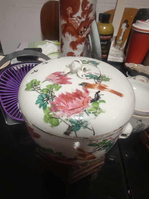 古玩陶瓷清末民初花鳥詩(shī)文初淺絳彩蓋罐拍賣,當(dāng)前價(jià)格588元