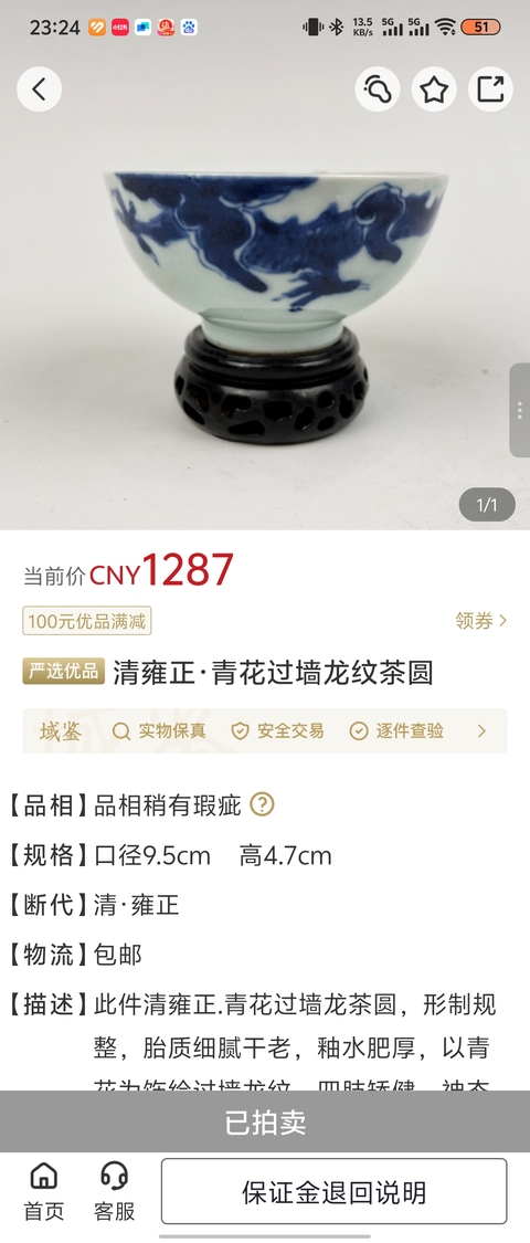 古玩銅器清中期過墻龍茶碗拍賣,當前價格388元