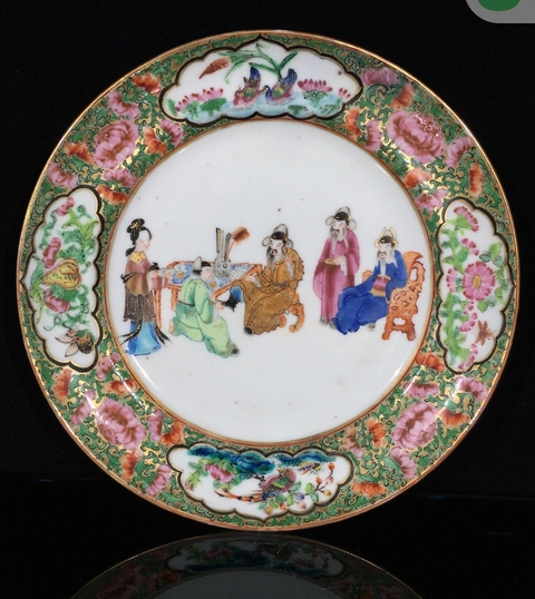 古玩陶瓷人物花鳥蝶紋廣彩盤真品鑒賞圖