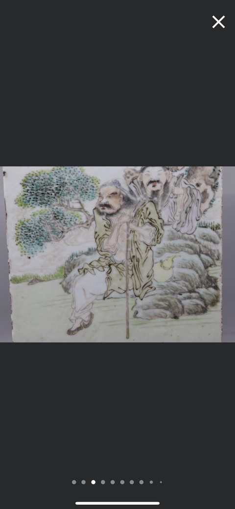 古玩陶瓷淺絳彩曹國舅鐵拐李瓷板畫真品鑒賞圖