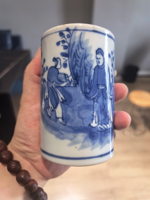 古玩陶瓷晚清青攜琴訪友人物紋筆筒拍賣，當前價格4188元