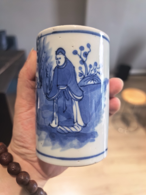 古玩陶瓷晚清青攜琴訪友人物紋筆筒拍賣，當前價格4188元