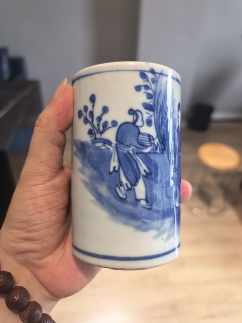 古玩陶瓷晚清青攜琴訪友人物紋筆筒拍賣，當前價格4188元