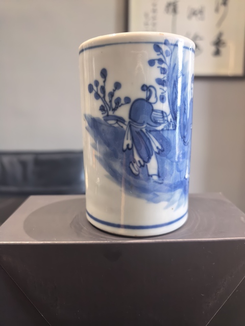 古玩陶瓷晚清青攜琴訪友人物紋筆筒拍賣，當前價格4188元