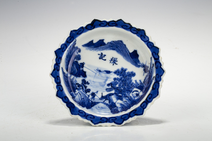 古玩陶瓷清晚·青花漁樵耕讀圖花口高足盤(pán)拍賣(mài)，當(dāng)前價(jià)格1964元