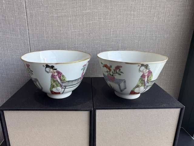 古玩陶瓷清晚·粉彩仕女詩文杯一對 真品鑒賞圖