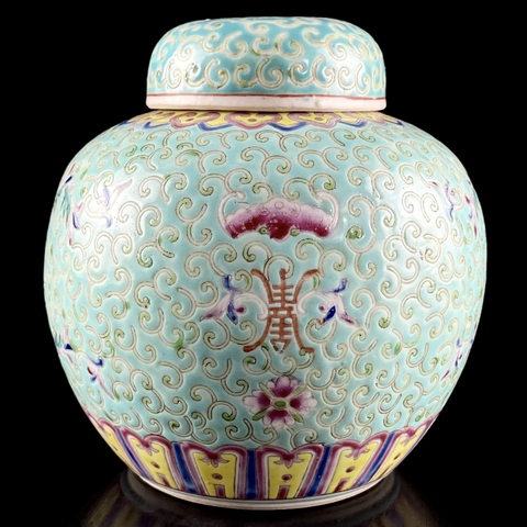 古玩陶瓷松石綠粉彩福壽紋蓋罐真品鑒賞圖