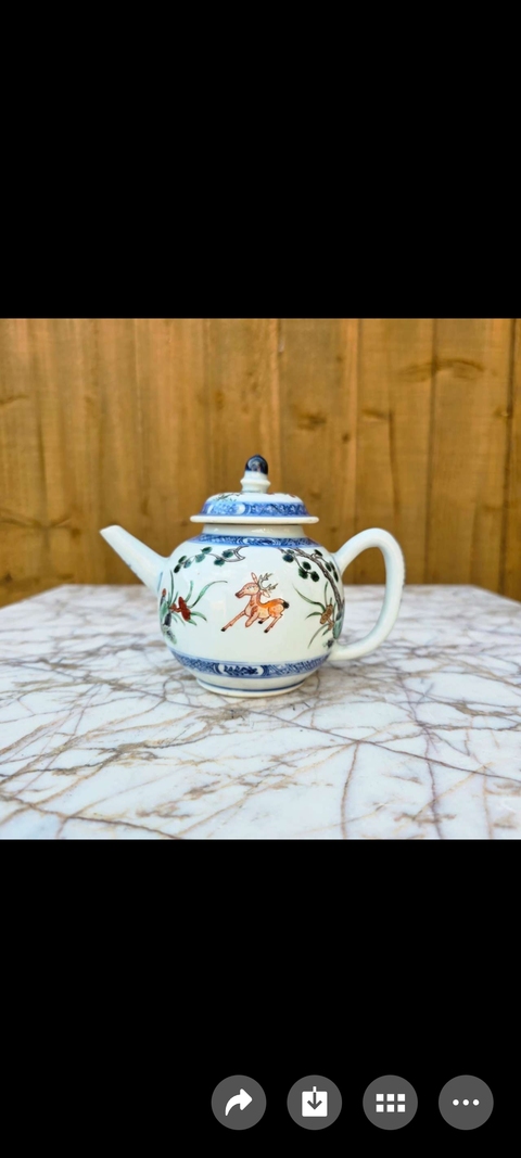 古玩陶瓷清康熙青花五彩描金鶴鹿同春圖茶壺真品鑒賞圖