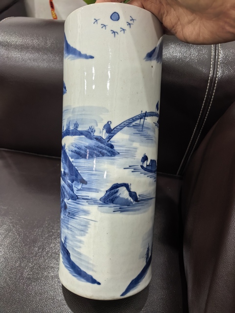 古玩陶瓷人物山水青花帽筒真品鑒賞圖