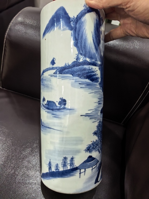 古玩陶瓷人物山水青花帽筒真品鑒賞圖