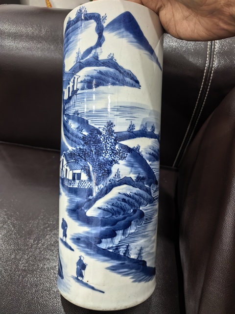 古玩陶瓷人物山水青花帽筒真品鑒賞圖