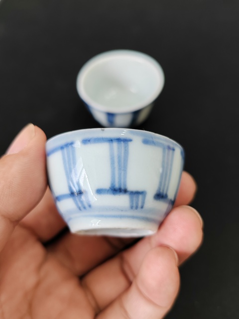 古玩陶瓷清中期百壽紋青花杯·一對全品拍賣，當前價格666元