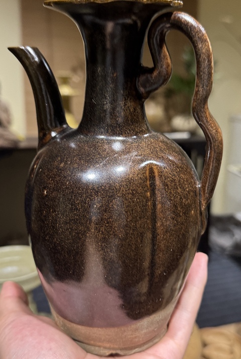古玩陶瓷長(zhǎng)沙窯褐釉執(zhí)壺,注意品相真品鑒賞圖