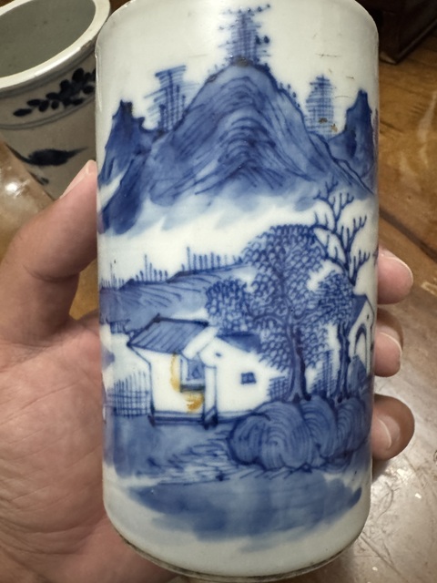 古玩陶瓷青花山水亭臺樓閣人物紋筆筒真品鑒賞圖