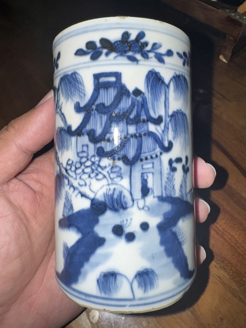 古玩陶瓷青花山水亭臺樓閣人物紋筆筒真品鑒賞圖