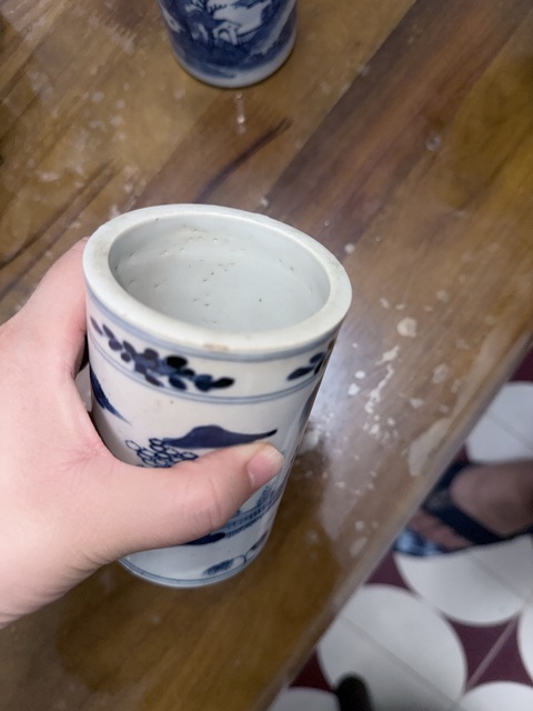 古玩陶瓷青花山水亭臺樓閣人物紋筆筒真品鑒賞圖