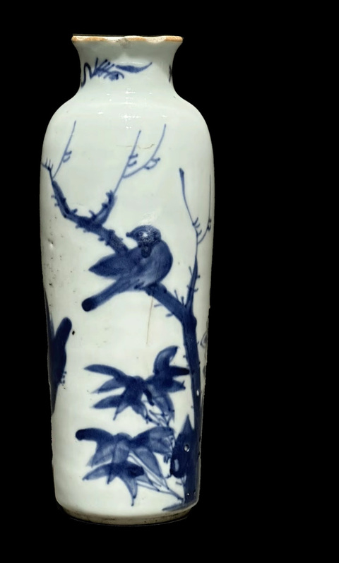 古玩陶瓷順治青花花鳥筒瓶真品鑒賞圖