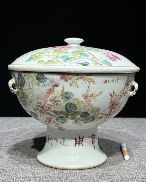 古玩陶瓷清晚期 汪友棠繪淺絳暖鍋真品鑒賞圖