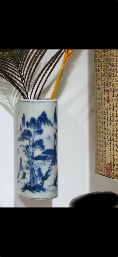 古玩陶瓷青花山水樓閣壁瓶真品鑒賞圖
