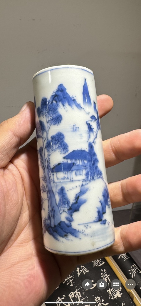 古玩陶瓷青花山水樓閣壁瓶真品鑒賞圖