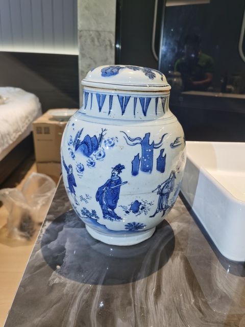 古玩陶瓷明晚·青花人物故事紋蓮子蓋罐  真品鑒賞圖