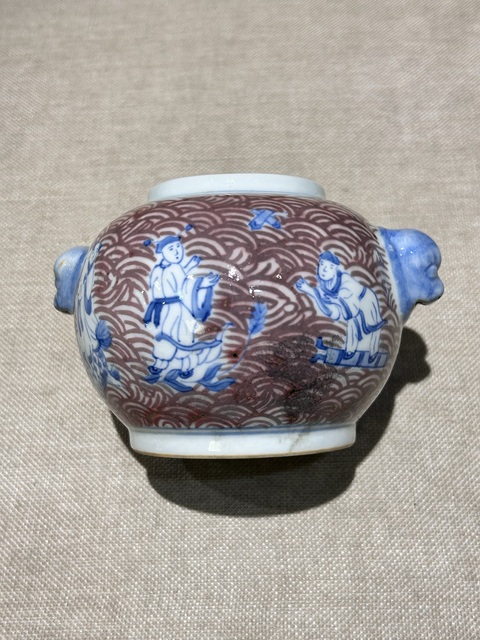 古玩陶瓷青花釉里紅八仙人物雙耳水盂真品鑒賞圖